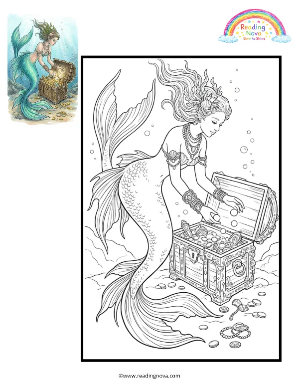 Free colouring page: Mermaid’s Hidden Treasure
