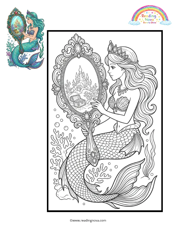 Free colouring page: Mermaid’s Magic Mirror