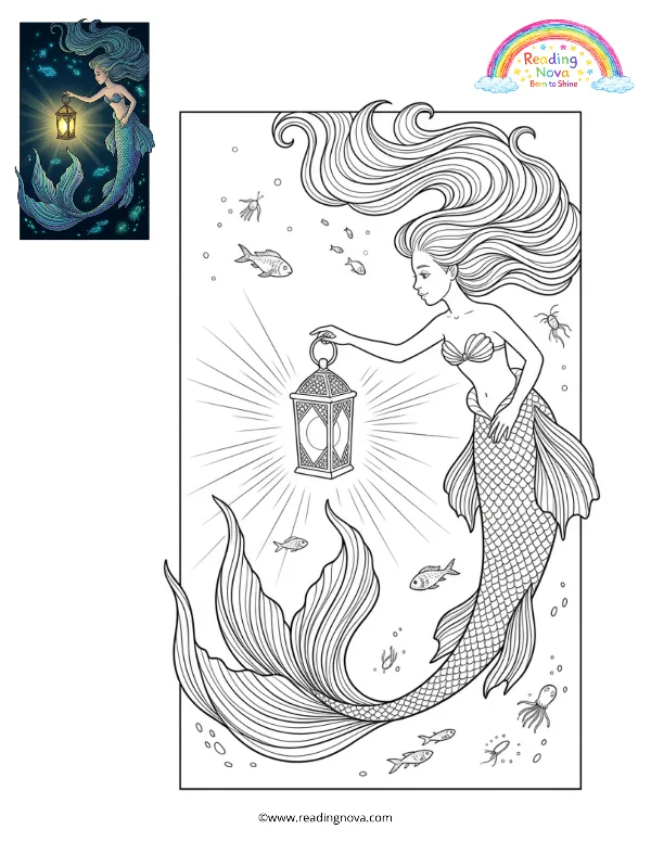 Free colouring page: Mermaid’s Magical Lantern