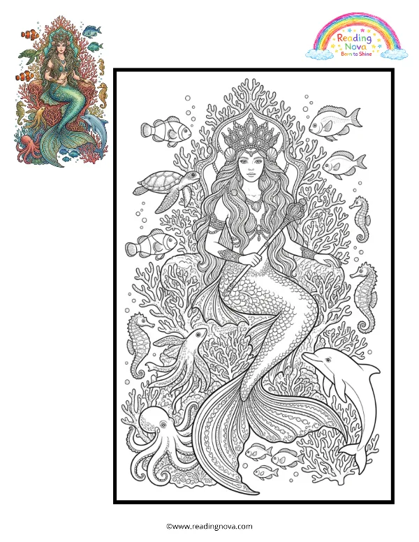 Free colouring page: Mermaid’s Ocean Kingdom
