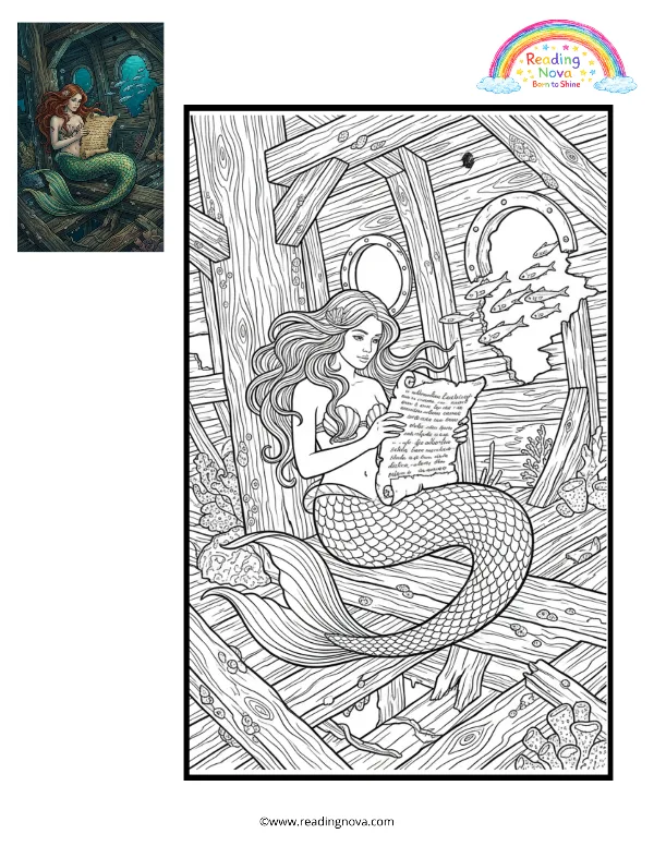 Free colouring page: Mermaid’s Shipwreck Secret