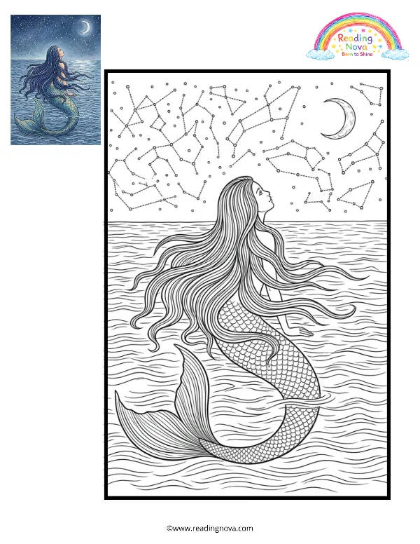Free colouring page: Mermaid’s Starry Night