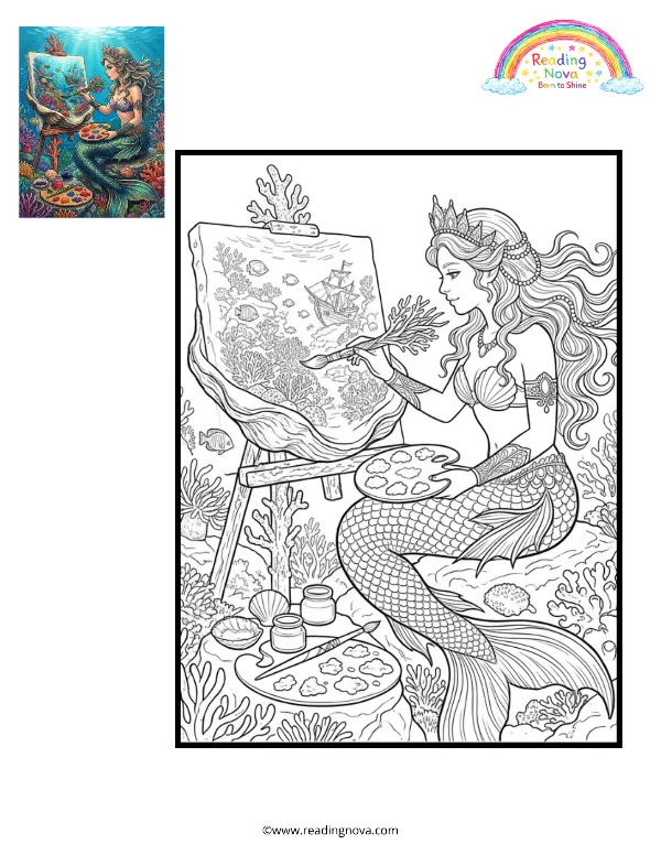 Free colouring page: Mermaid’s Underwater Art