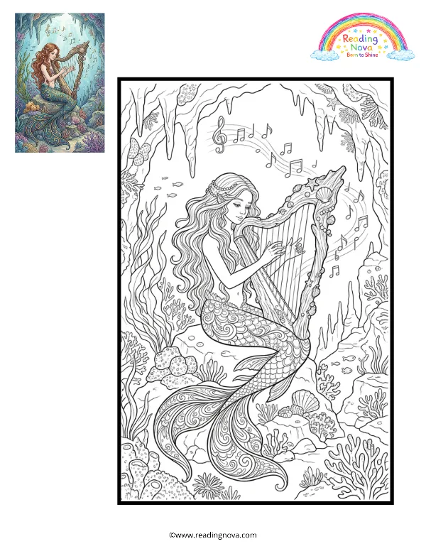 Free colouring page: Mermaid’s Underwater Symphony