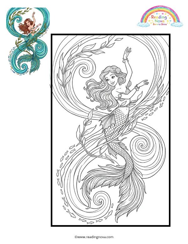 Free colouring page: Mermaid’s Water Dance