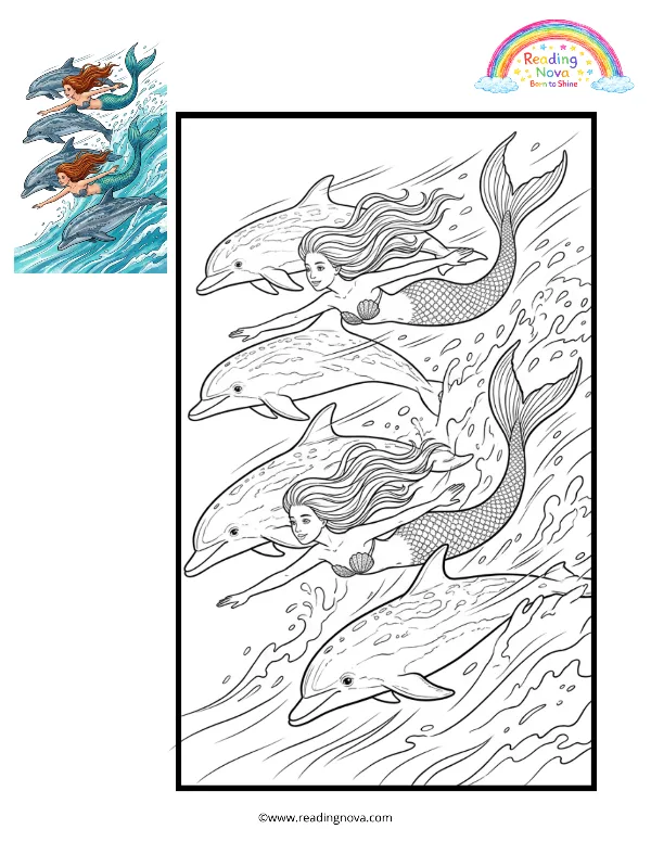 Free colouring page: Mermaids and Dolphins