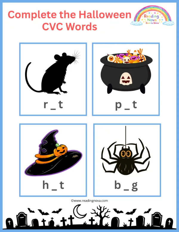 Free worksheet: Complete the Halloween CVC Words