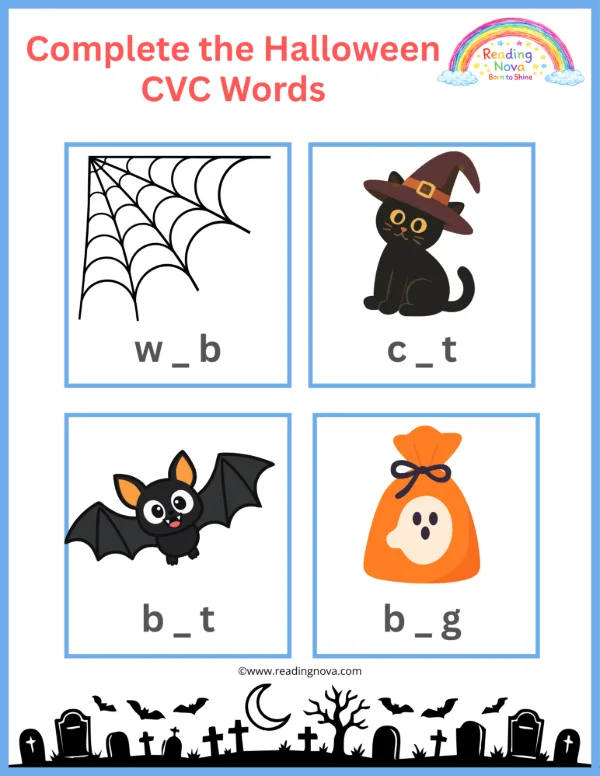 Free worksheet: Complete the Halloween CVC Words